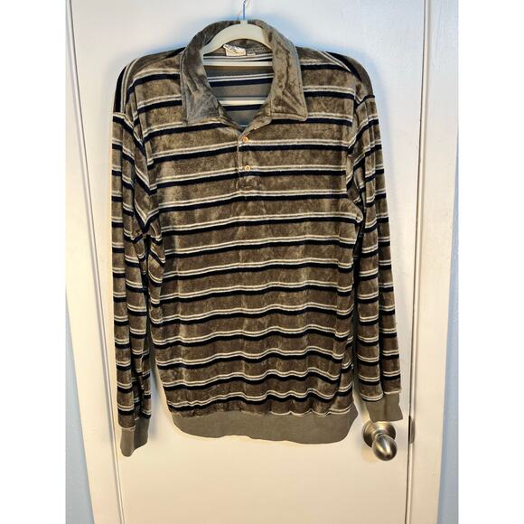 VTG Velvet Velour Polo Sweatshirt XL Gray Striped Grandpa core Leisure 70s 80s - Picture 1 of 5